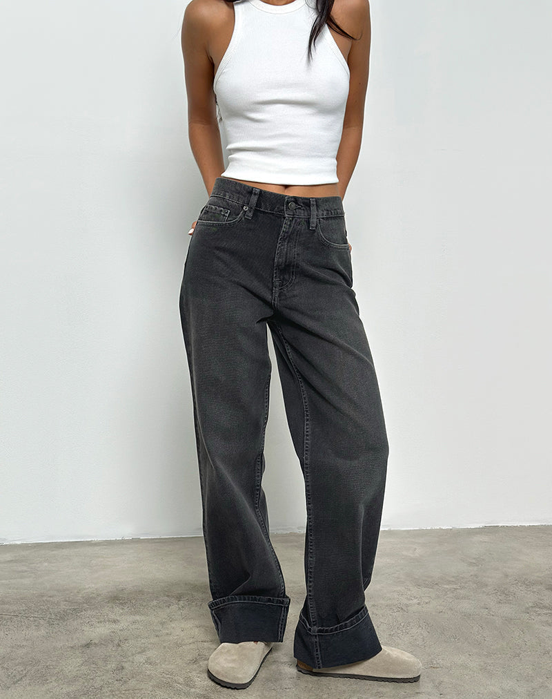 Mid Rise Turn Up Straight Jeans in Washed Black Grey