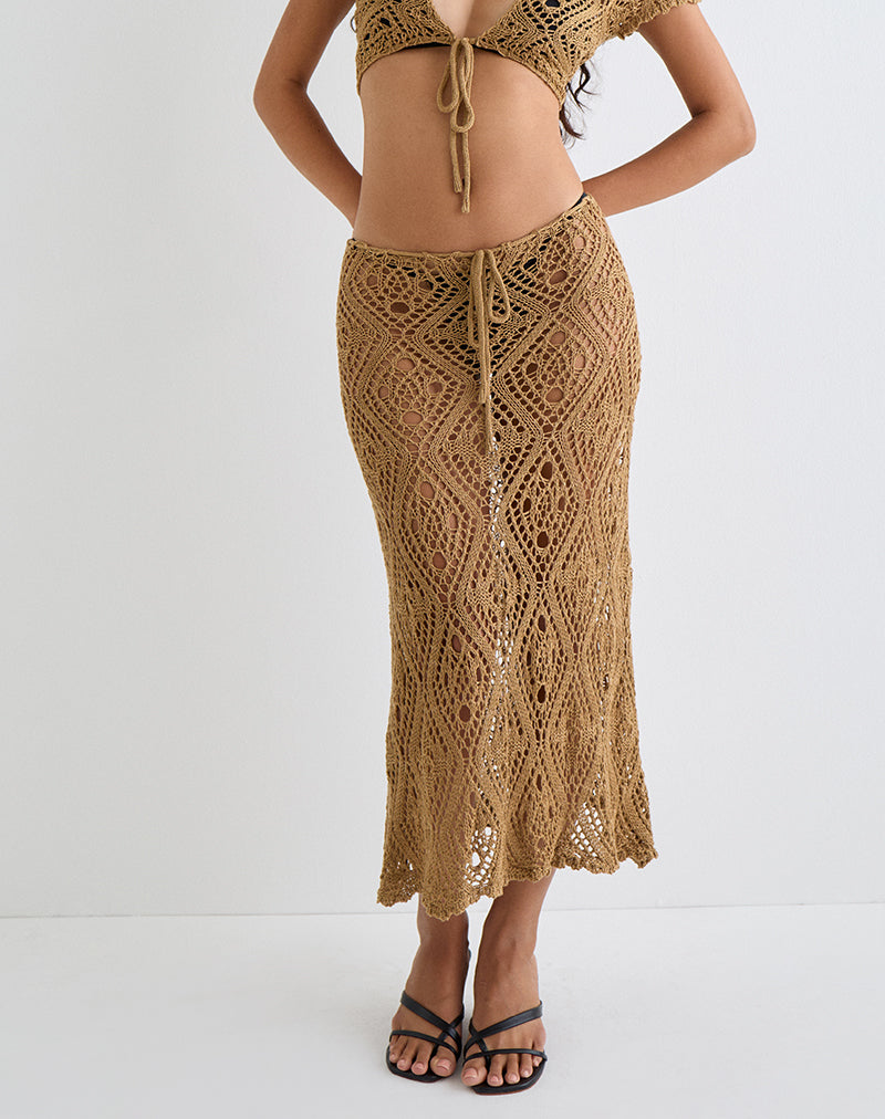 Diora Tie Front Skirt in Crochet Camel