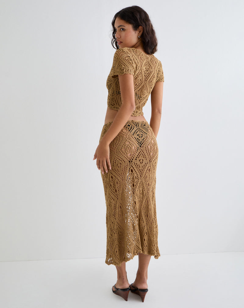Diora Tie Front Skirt in Crochet Camel
