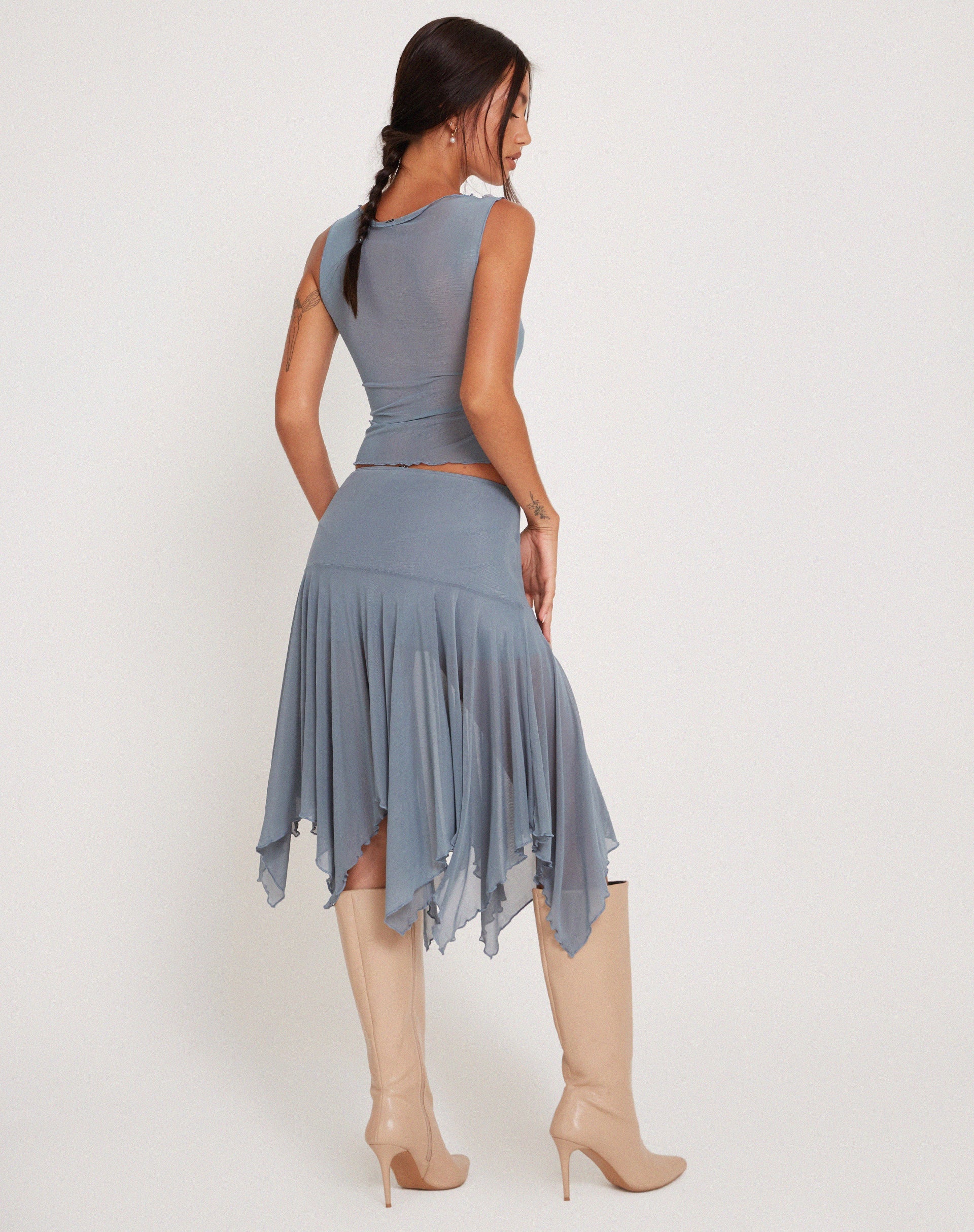 Jovali Low Waist Midi Skirt in Blue Grey Mesh