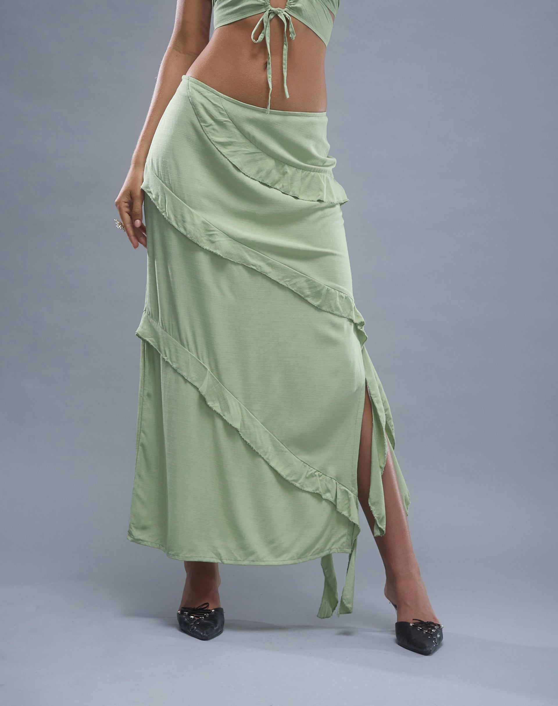 Varena Low Rise Ruffle Maxi Skirt in Mint Sage
