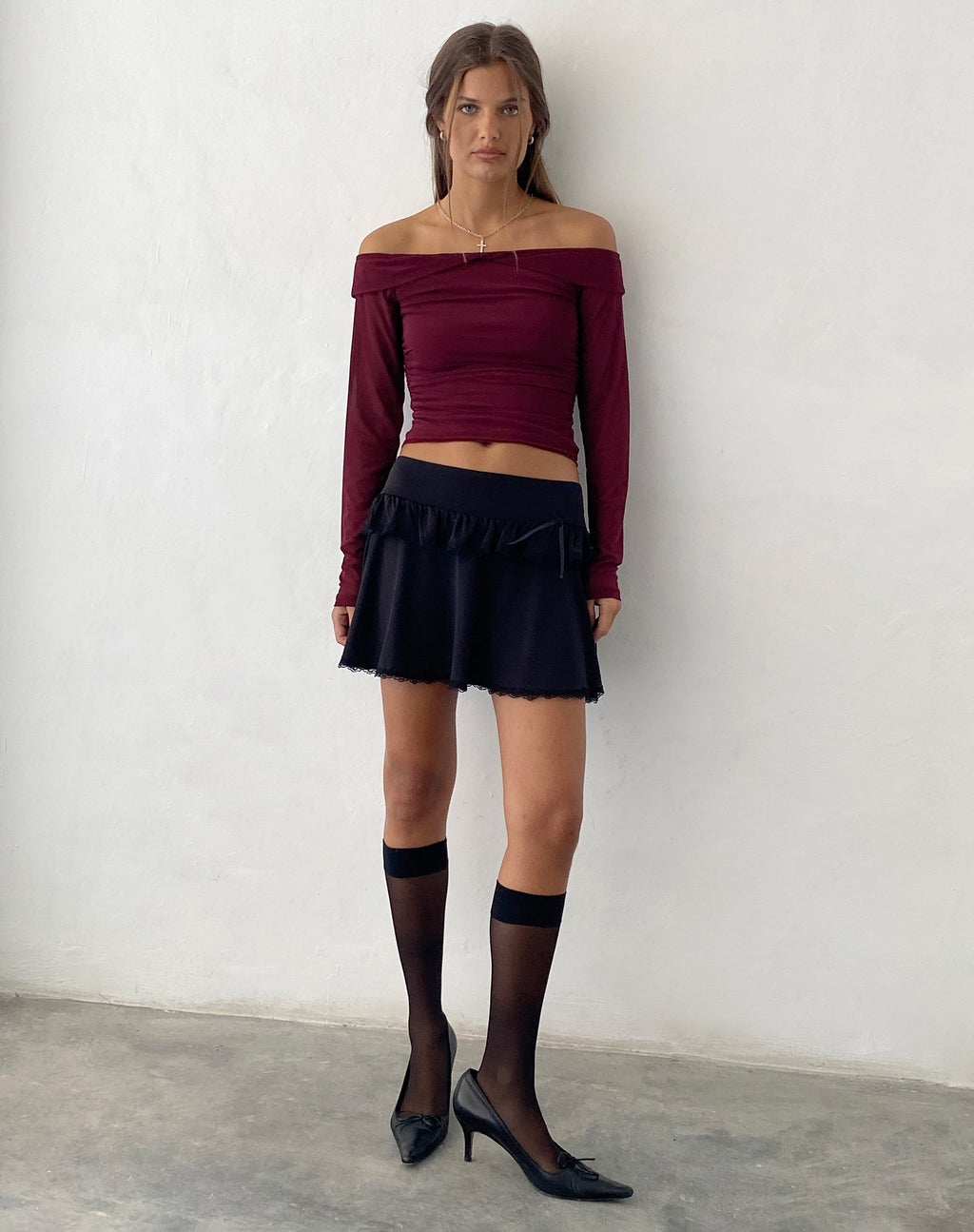Nauri Mesh Bardot Top in Maroon