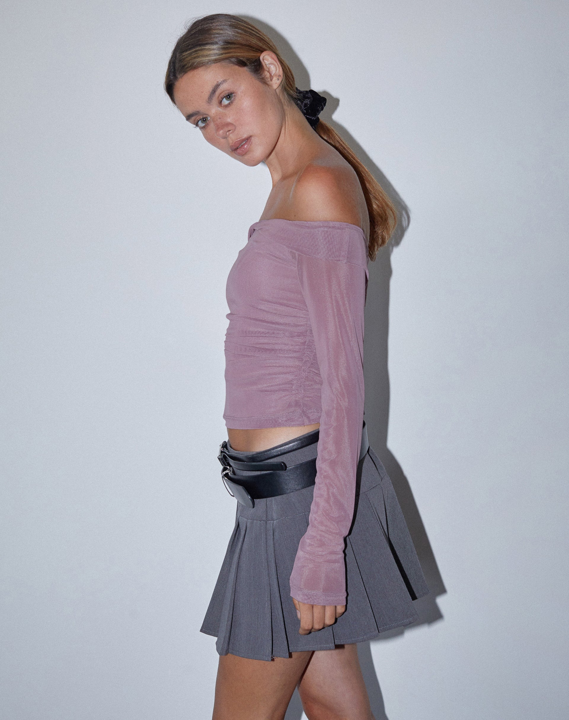 Nauri Long Sleeve Bardot Top in Wisteria Purple