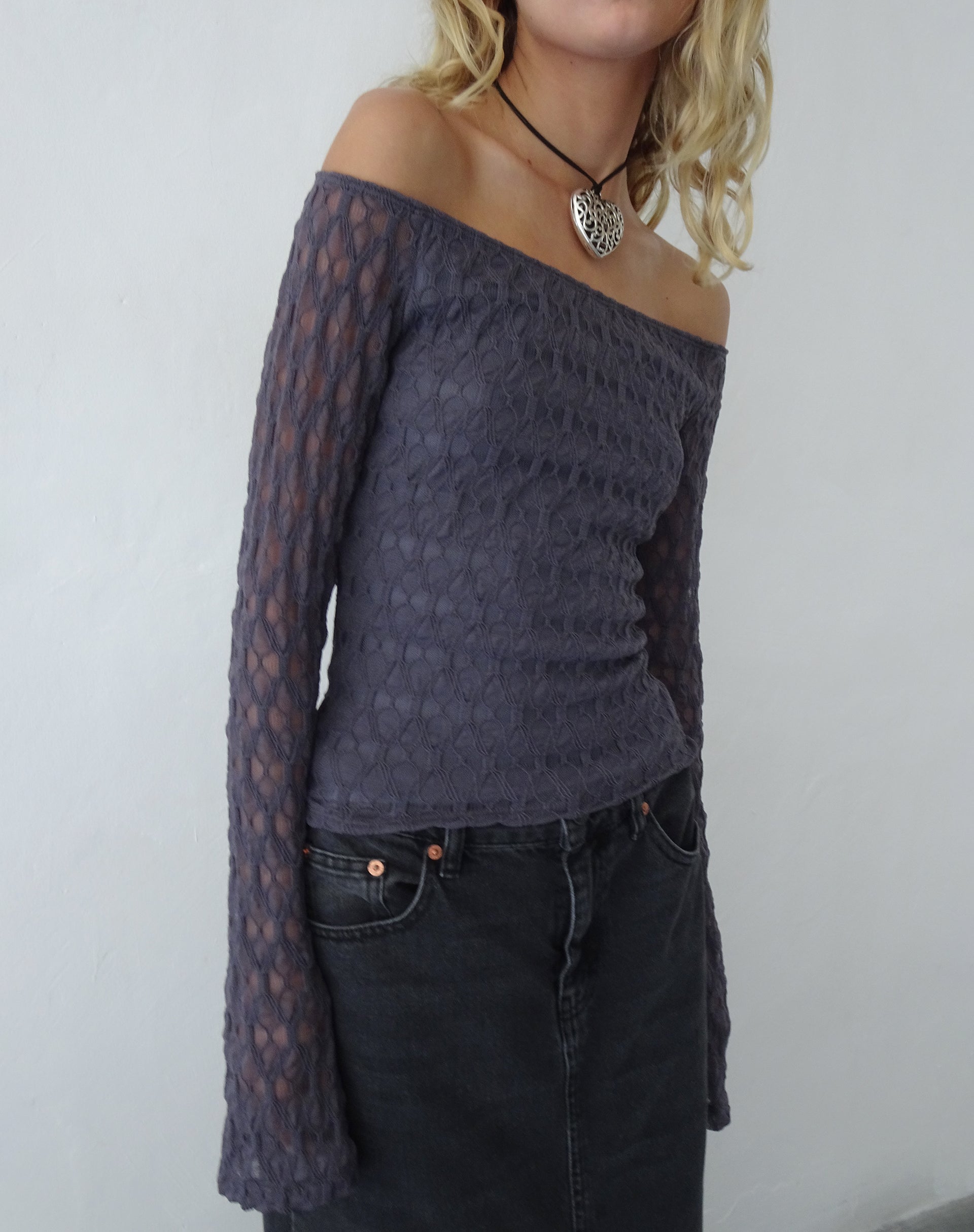 Neira Long Sleeve Bardot Top in Textured Knit Ocean Storm