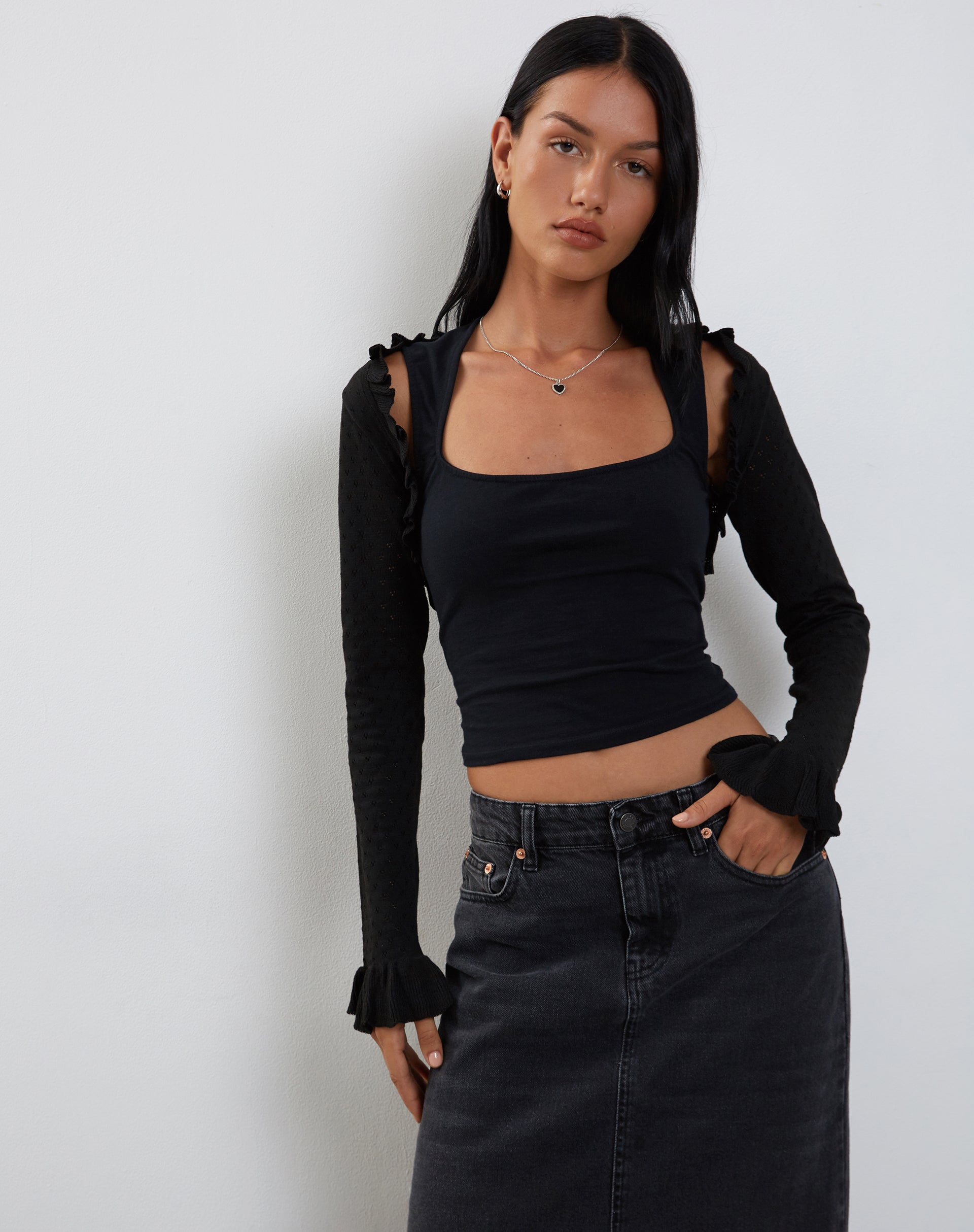 Nimra Knitted Shrug with Frill Sleeve in Black