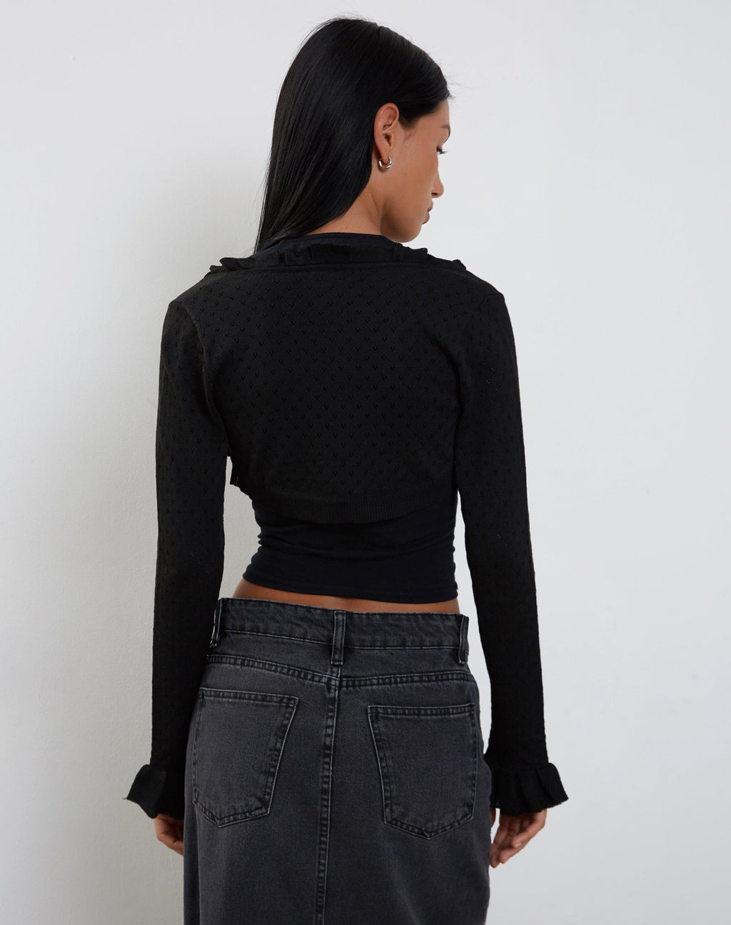 Nimra Knitted Shrug with Frill Sleeve in Black