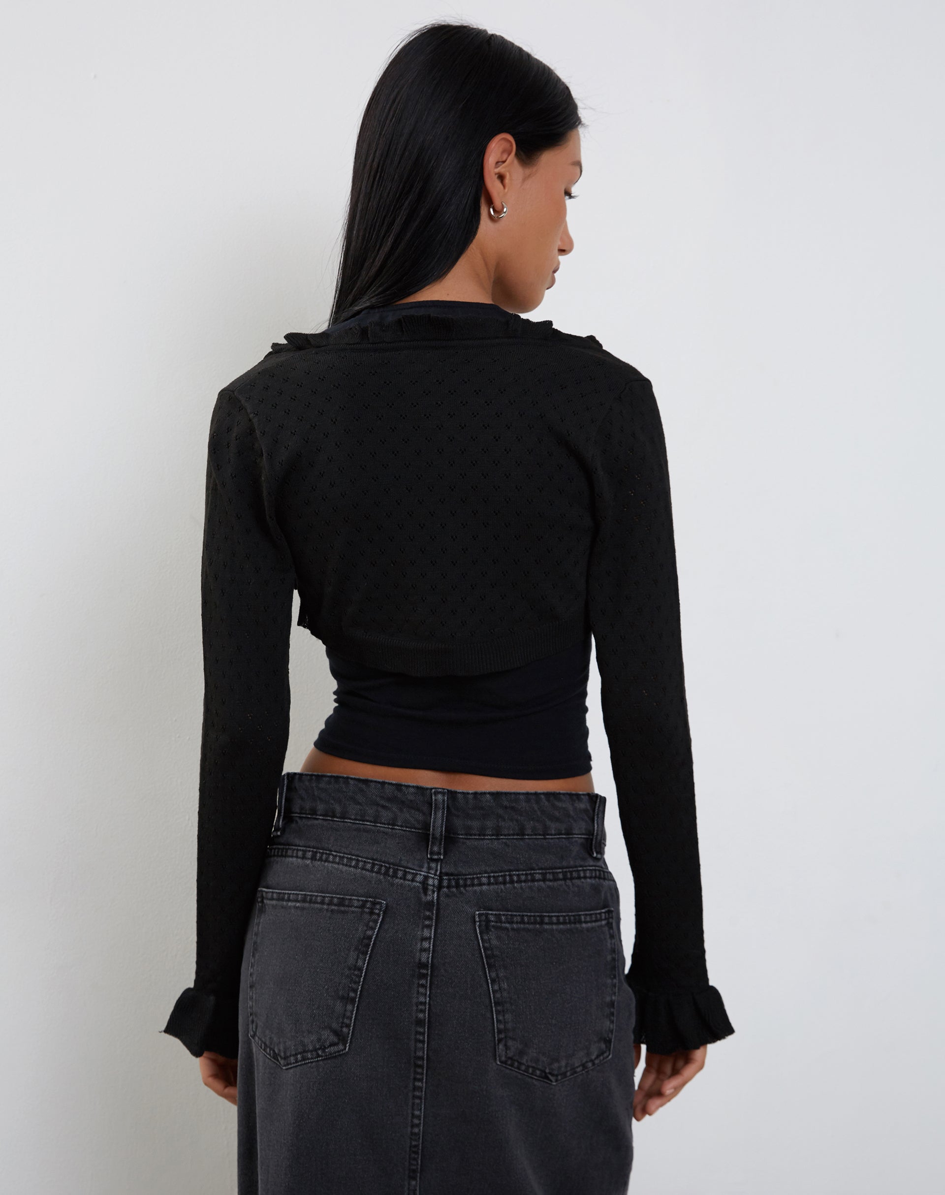 Nimra Knitted Shrug with Frill Sleeve in Black