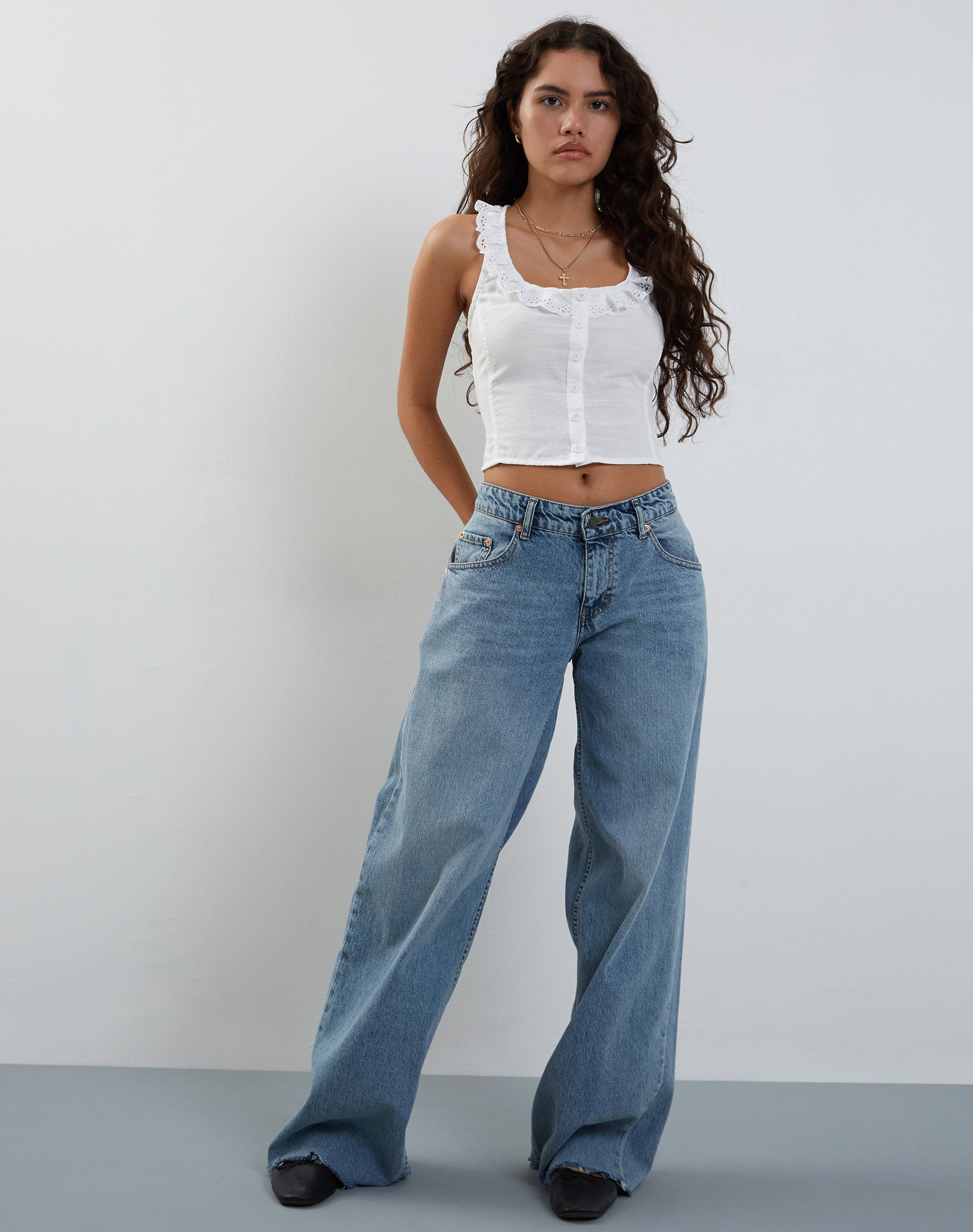 Junko Frill Detail Button Through Top in White