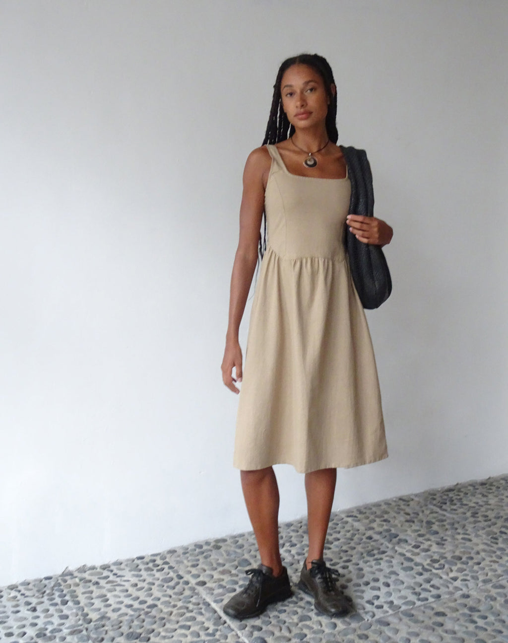 MOTEL X JACQUIE Pelove Drop Waist Midi Dress in Light Taupe