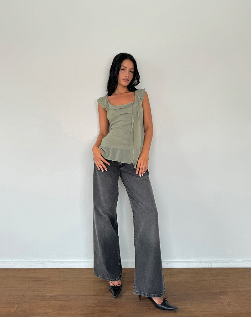 Piro Ruffle Longline Top in Chiffon Olive