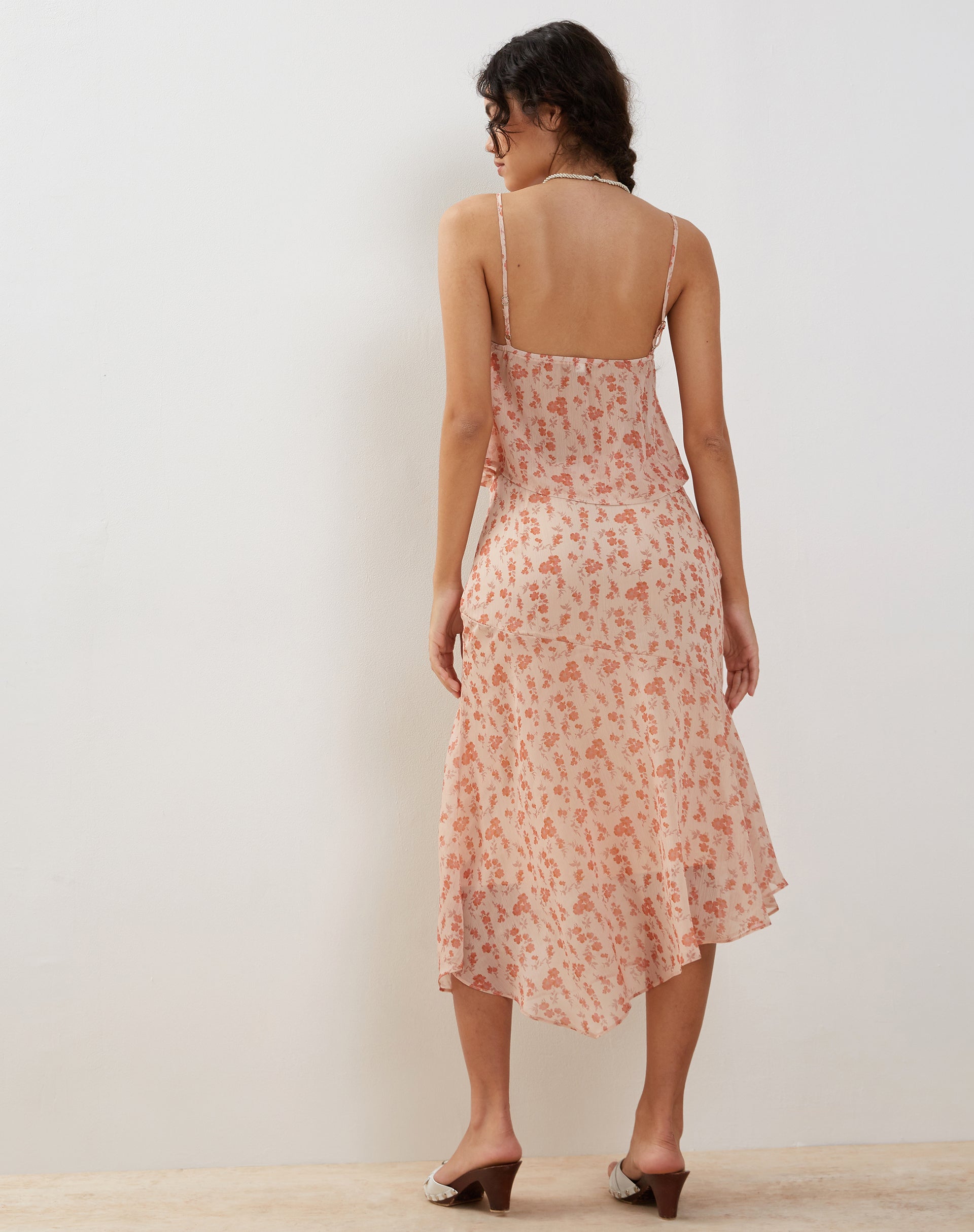 Rans Waterfall Hem Chiffon Midi Skirt in Peach Cherry Blossom