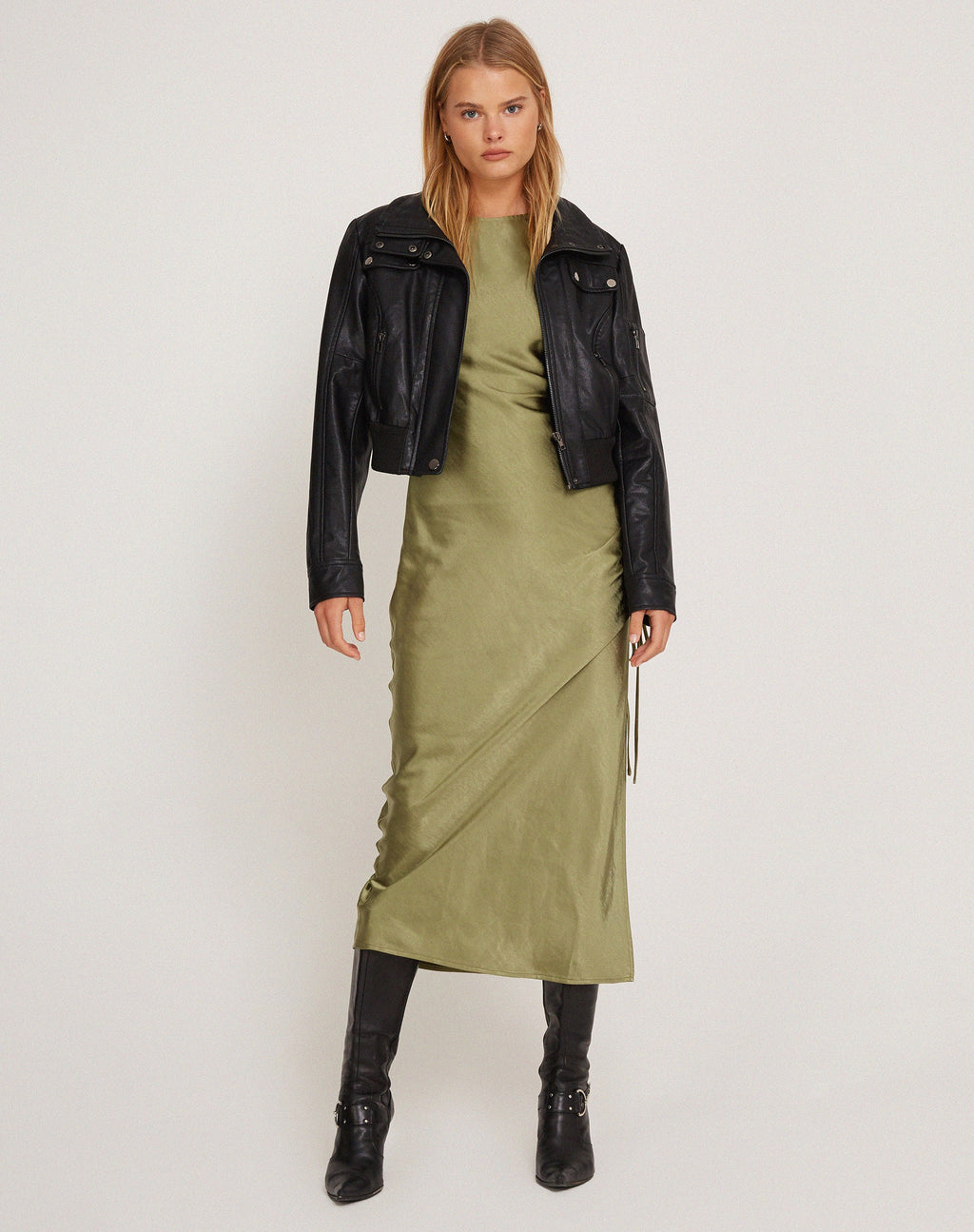 Raybu Ruched Midi Dress in Satin Olive