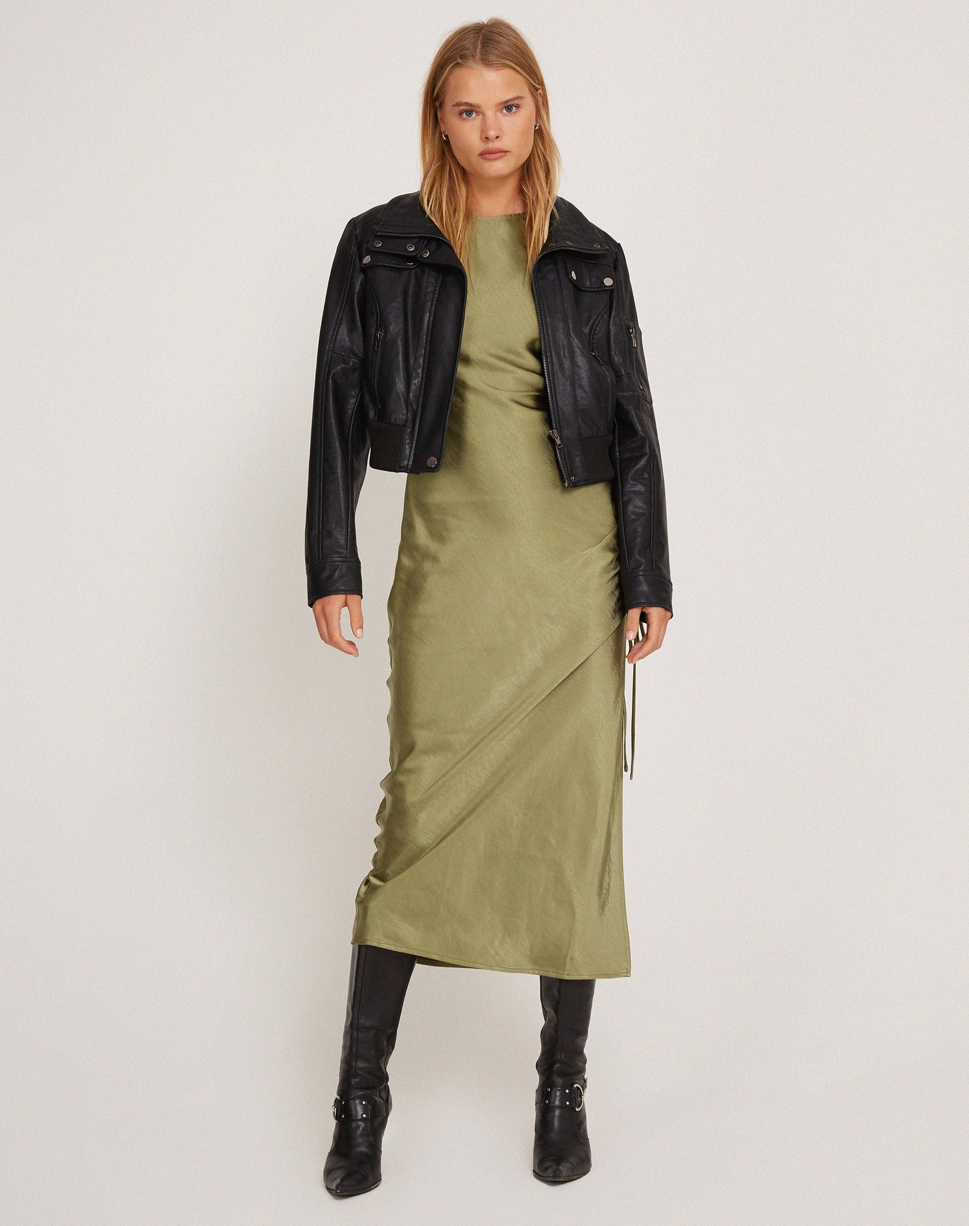 Raybu Ruched Midi Dress in Satin Olive