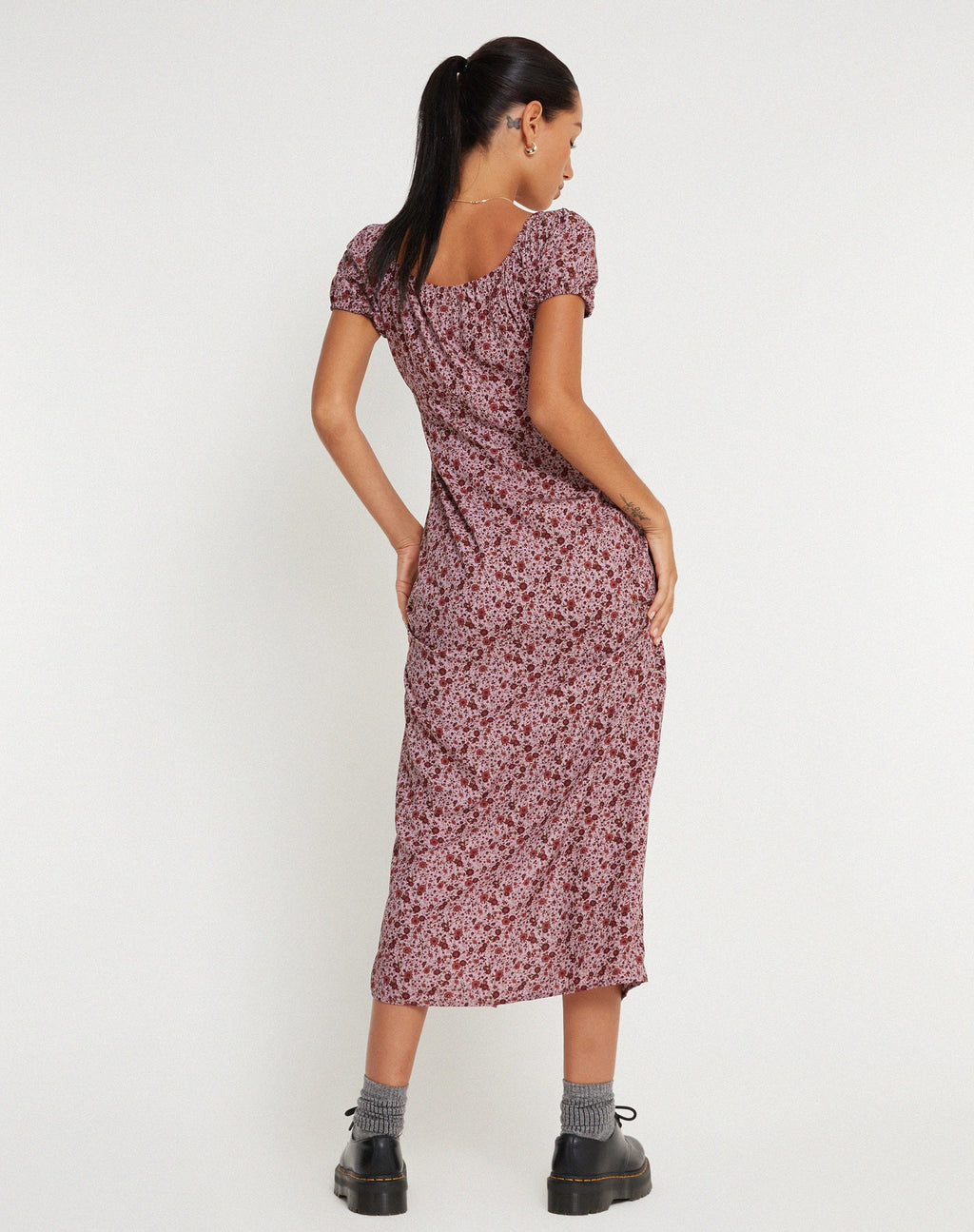Larson Midi Dress in 90’s Floral Burgundy