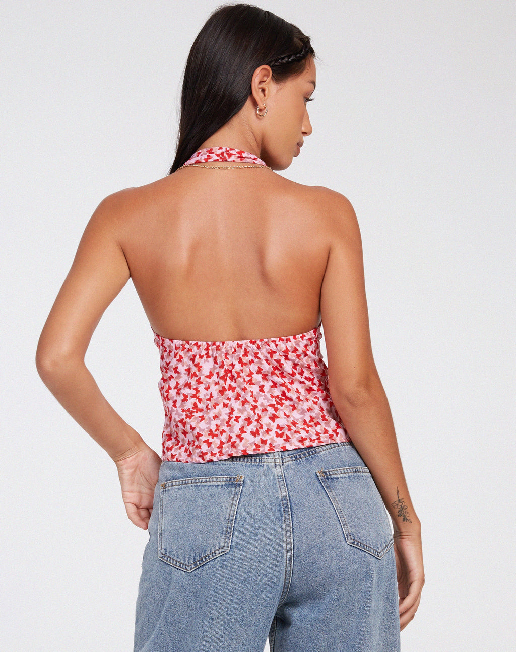 Roula Halter Top in Ditsy Butterfly Peach Red
