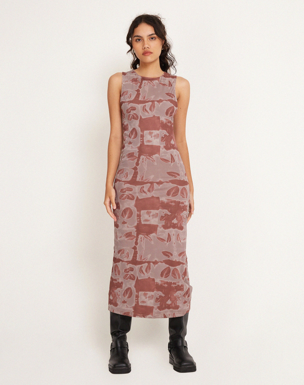 Roskila High Neck Mesh Maxi Dress in Botanical Bleed Warm Grey