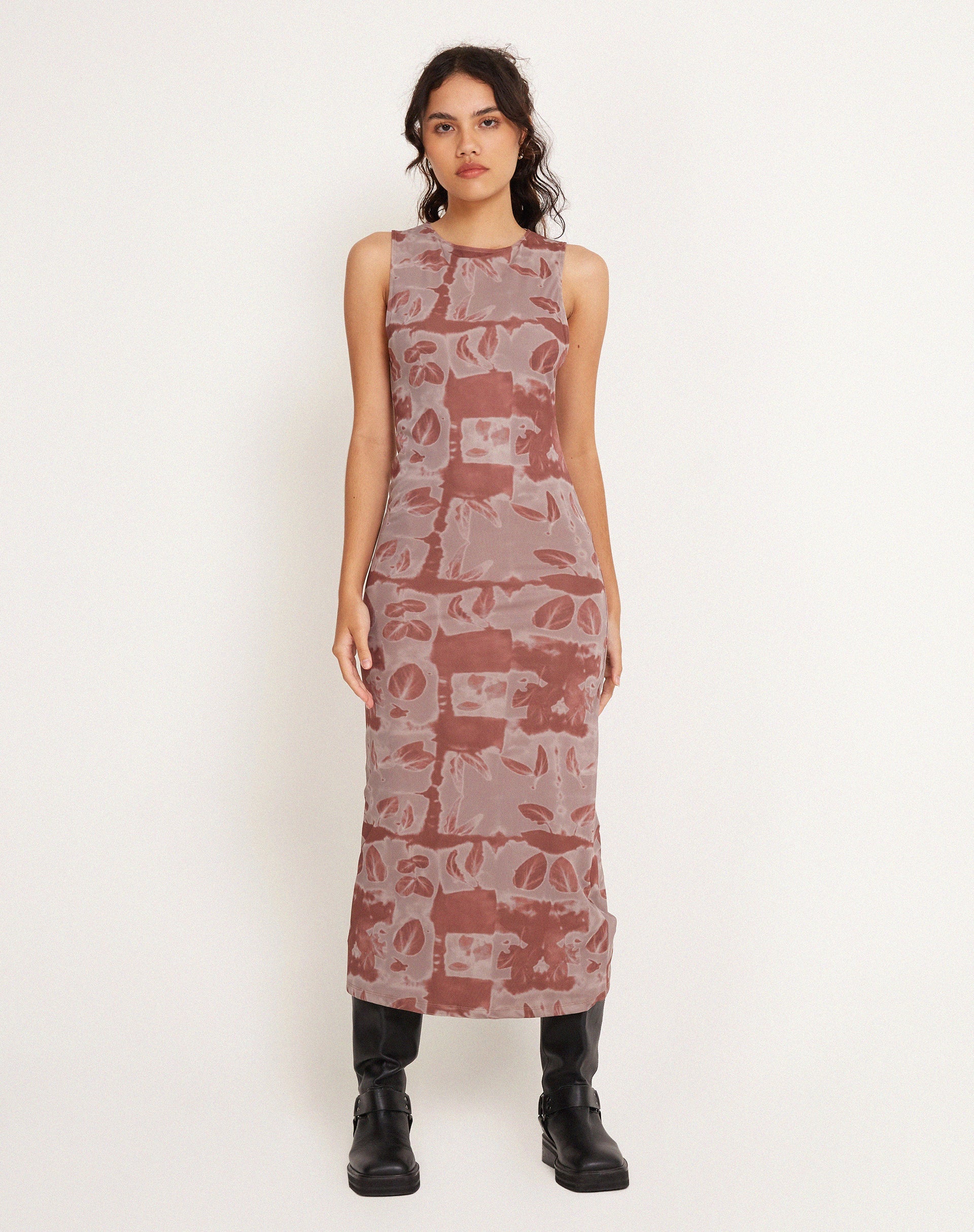 Roskila High Neck Mesh Maxi Dress in Botanical Bleed Warm Grey