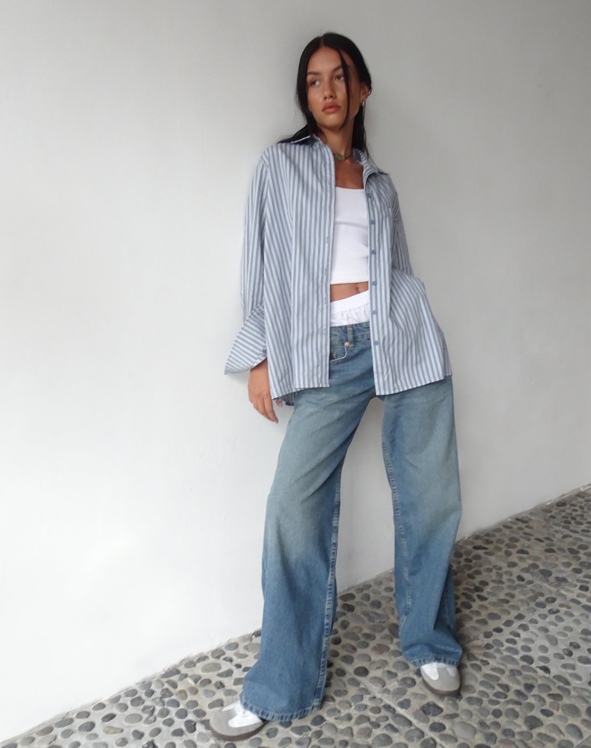 MOTEL X JACQUIE Turner Shirt in Grey and White Stripe with M Embroidery