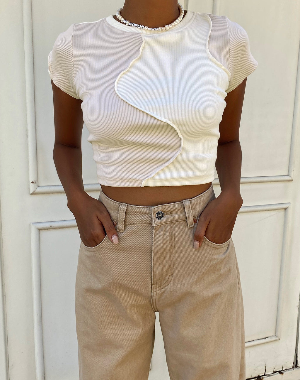 Ruta Crop Top in Panelled Ivory and Winter White