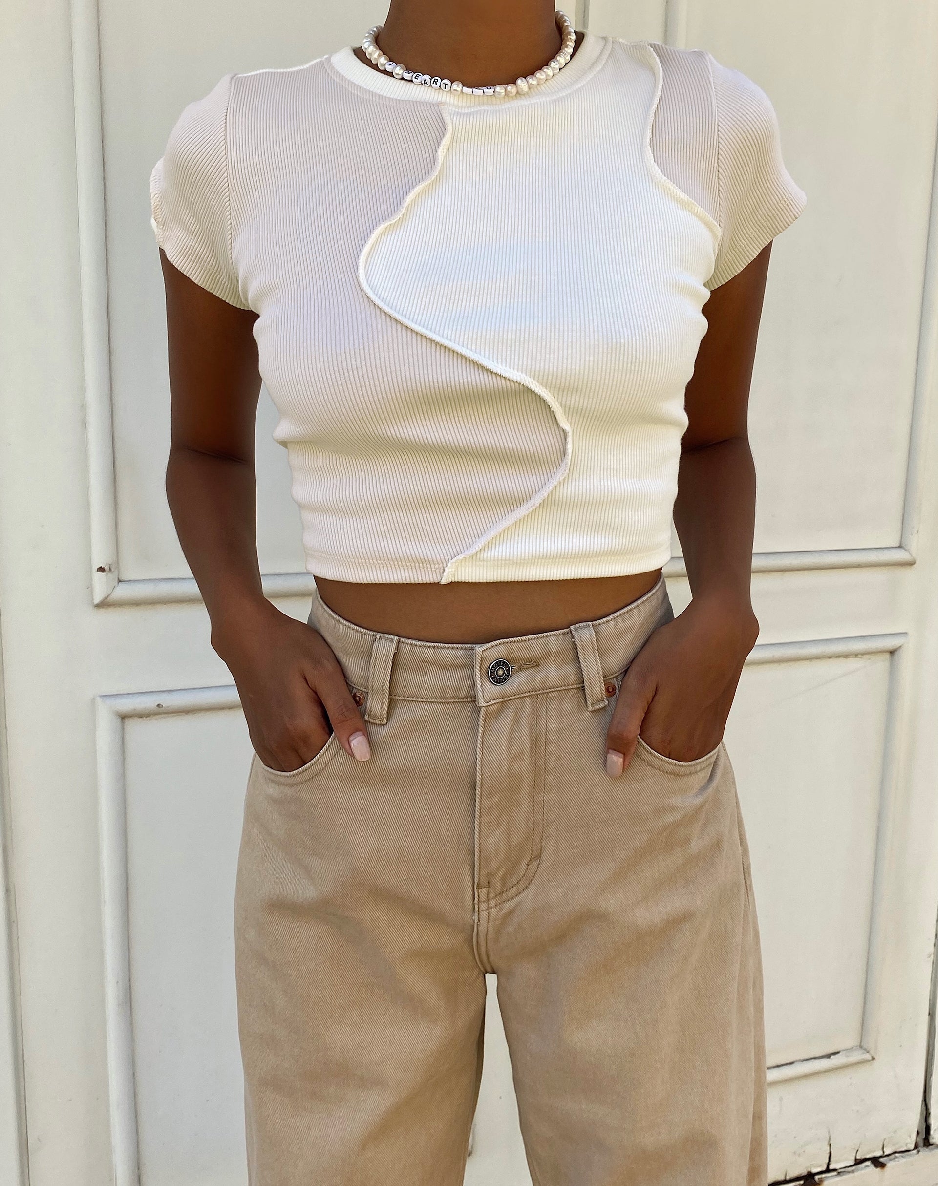 Ruta Crop Top in Panelled Ivory and Winter White