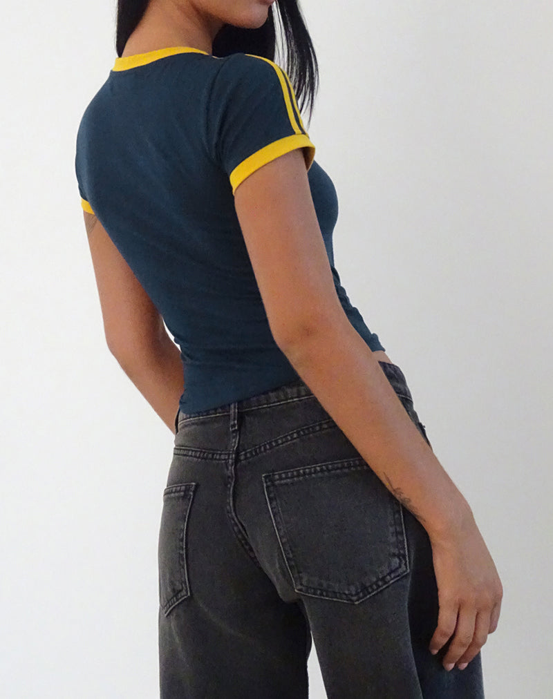 Salda Top in Navy with Mustard Binding and Bow Embroidery
