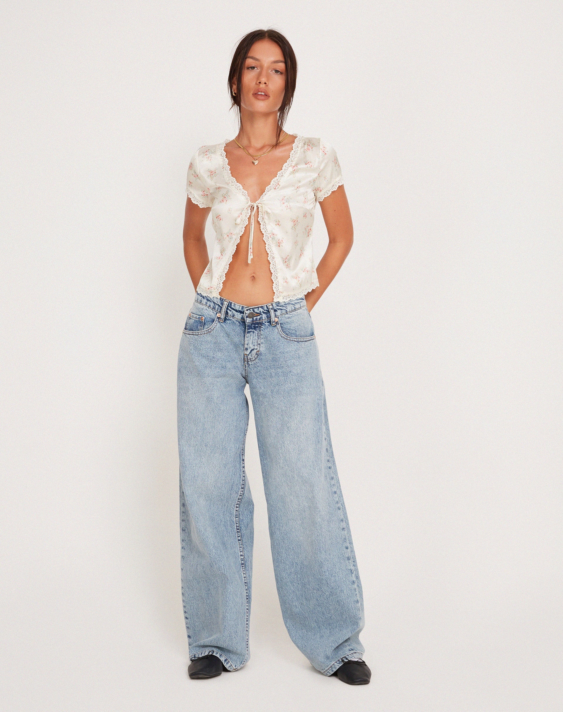 Selene Tie Front Top in Satin Vintage Rose Garland