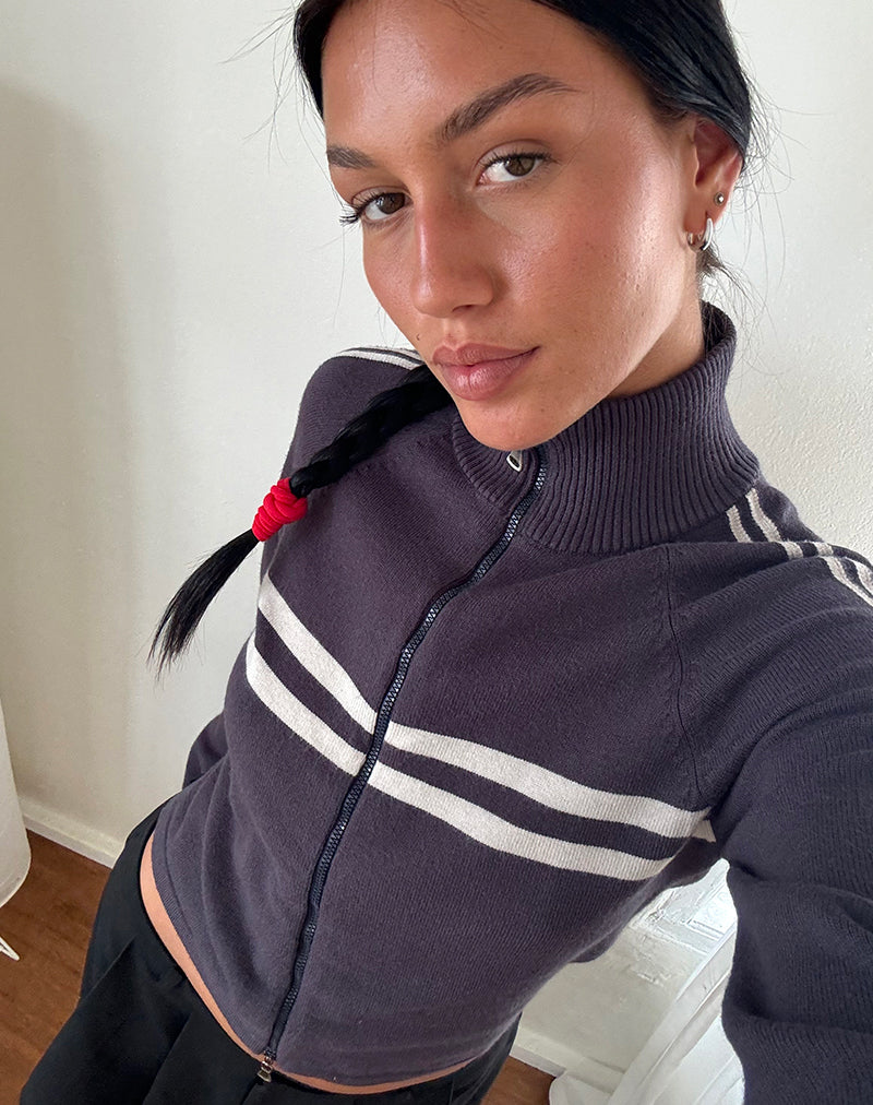 Talisa Sporty Zip Through Jacket In Charcoal with Light Grey Stripes