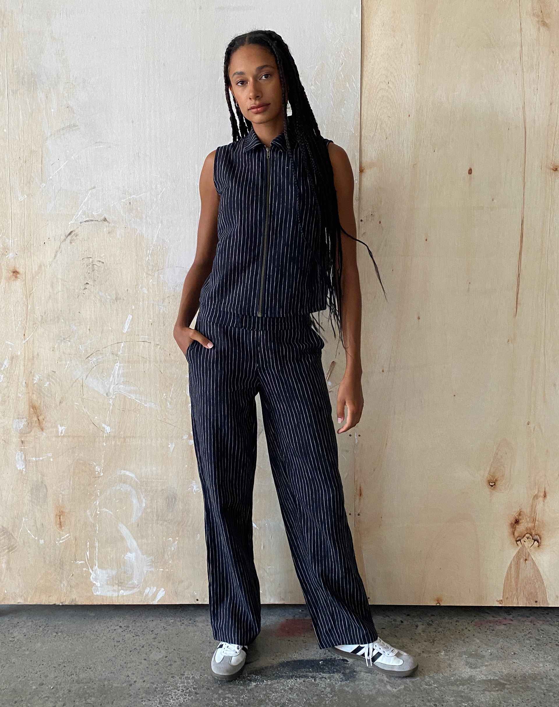MOTEL X JACQUIE Virago Zip Up Sleeveless Jacket in Sketchy Stripe Black