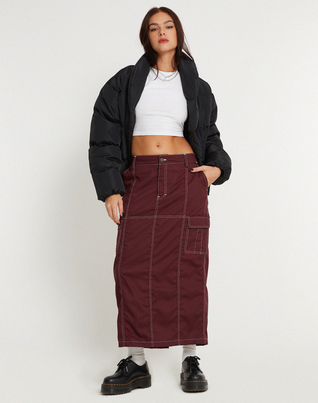 Widya Cargo Midi Skirt in Cotton Drill Redwood with White Top Stitch