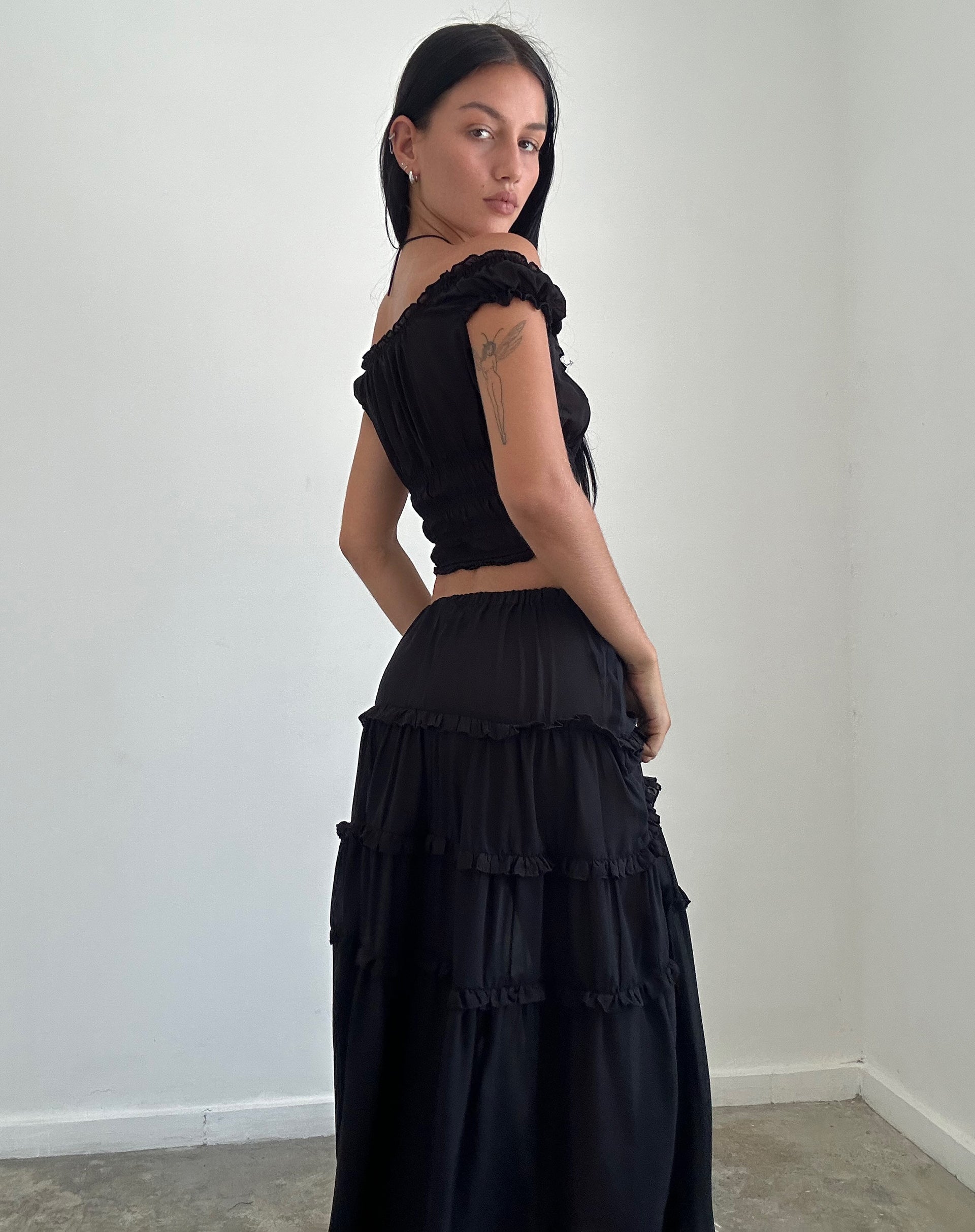 Xavi Shirred Bardot Top in Chiffon Black