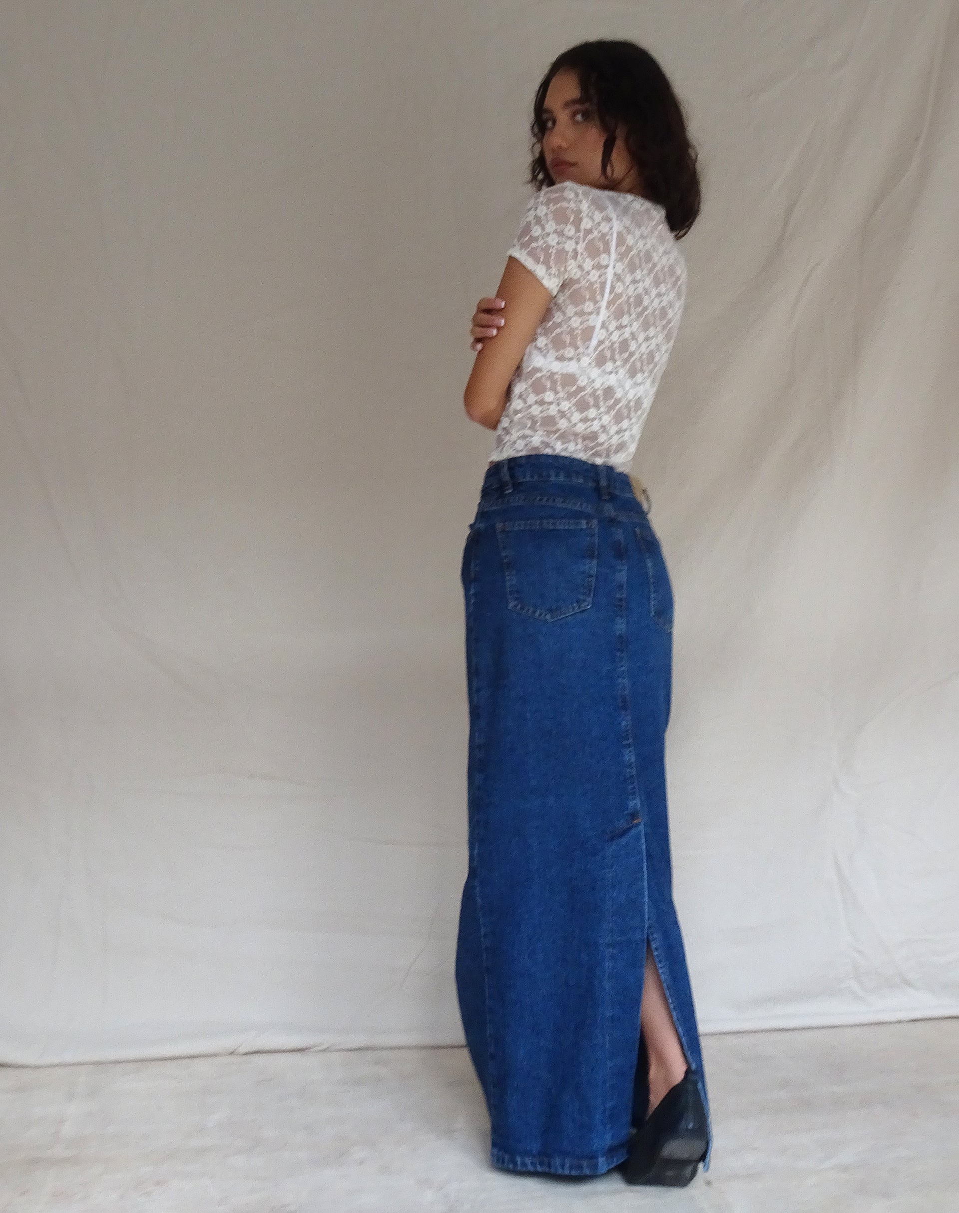 Low Rise Denim Maxi Skirt in Mid Blue Used