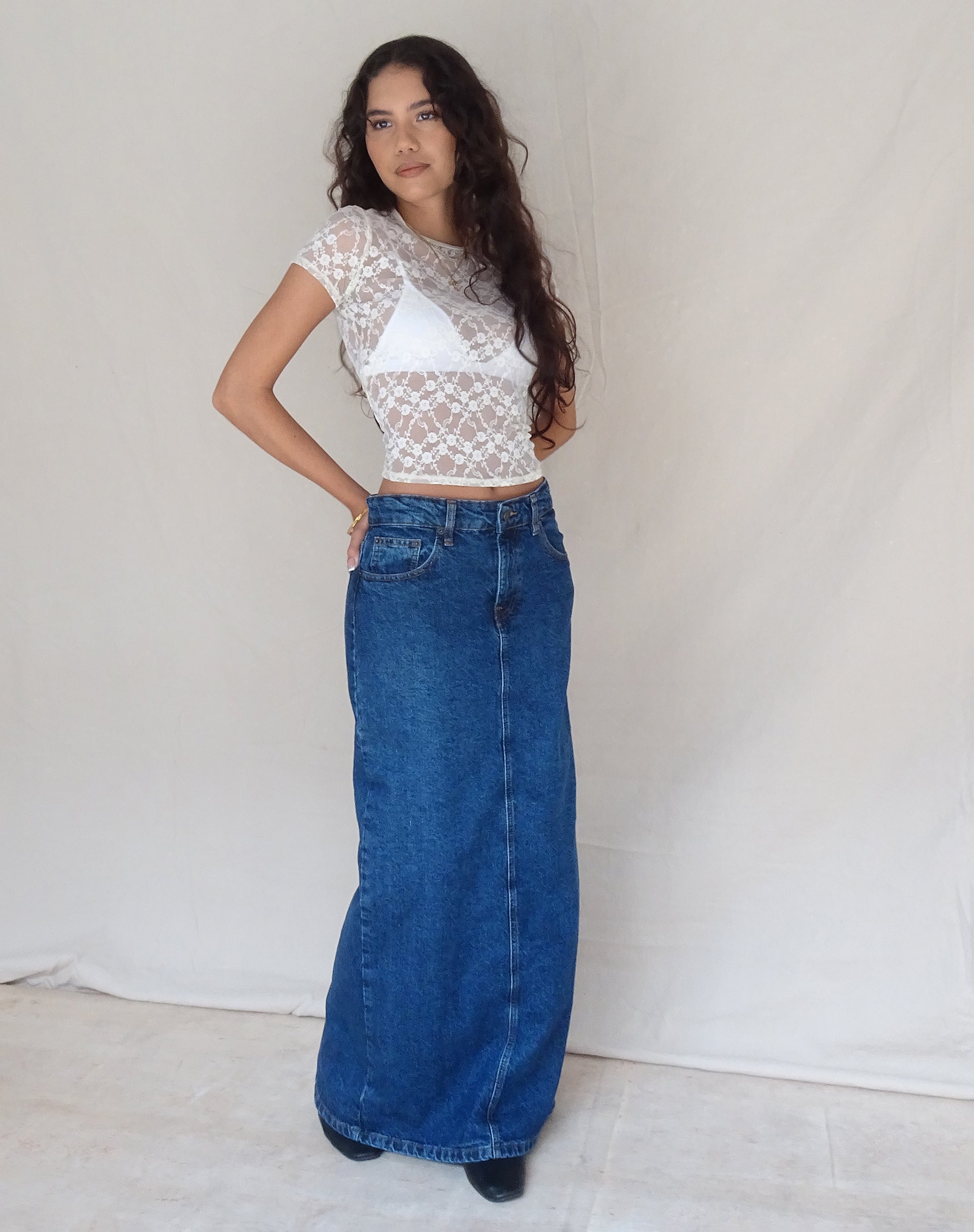 Low Rise Denim Maxi Skirt in Mid Blue Used